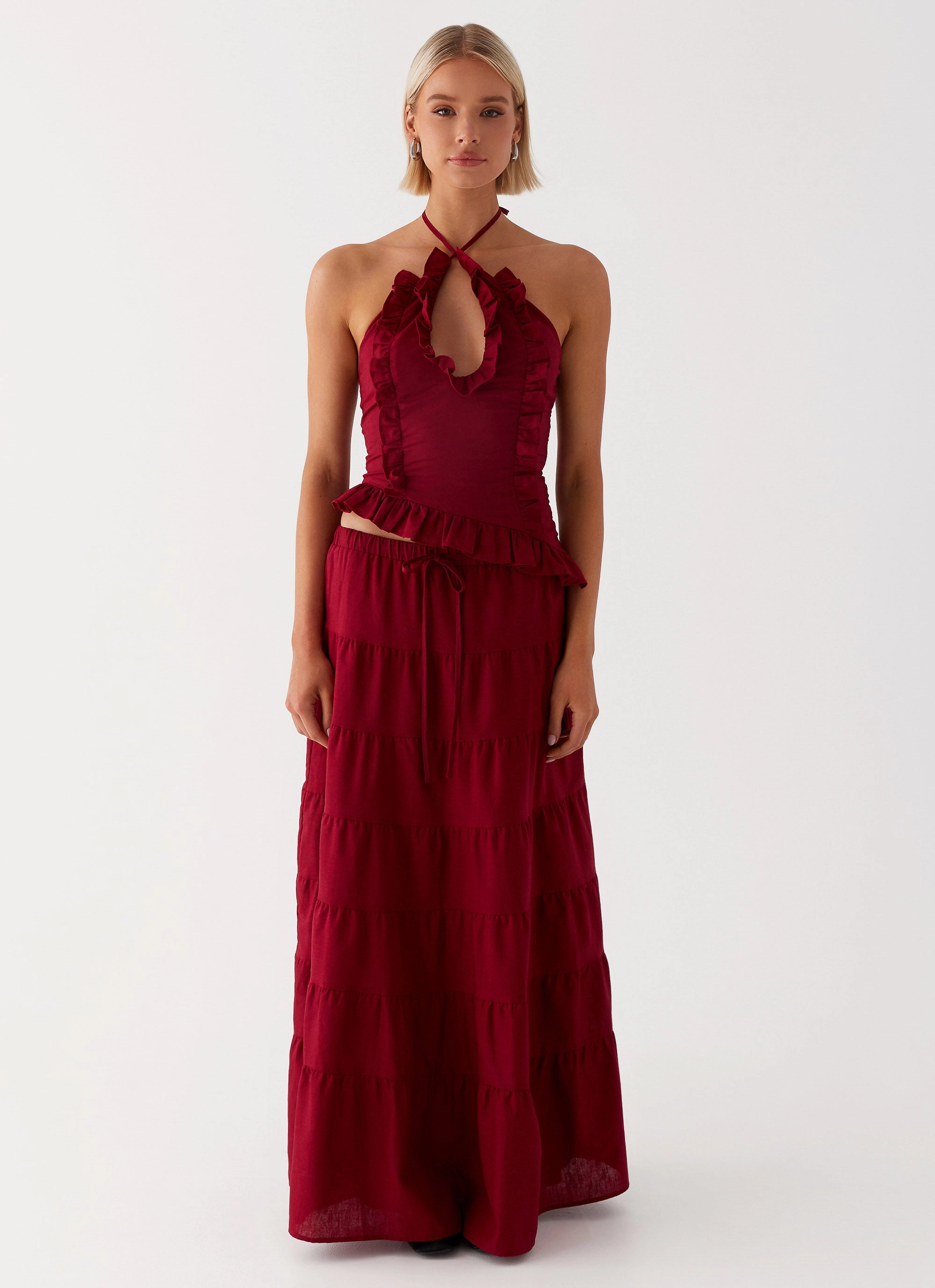 Mariella Linen Maxi Skirt - Maroon Curvy Fit