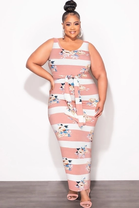 Final Sale Plus Size Sleeveless Maxi Dress with Waist Tie in Pink and White Stripe Floral Print MachineWashableFabric Core Basic
