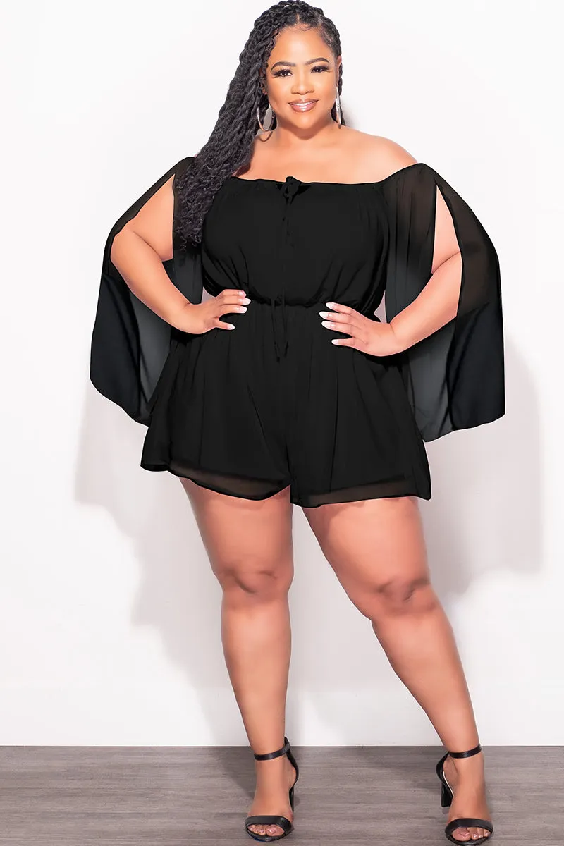 Final Sale Plus Size Off the Shoulder Chiffon Romper with Slit Sleeves in Black Light and Cozy Perfect Silhouette