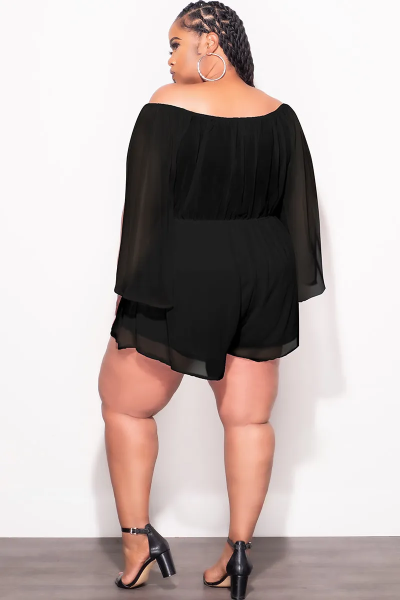 Final Sale Plus Size Off the Shoulder Chiffon Romper with Slit Sleeves in Black Sport Friendly No Ride Up