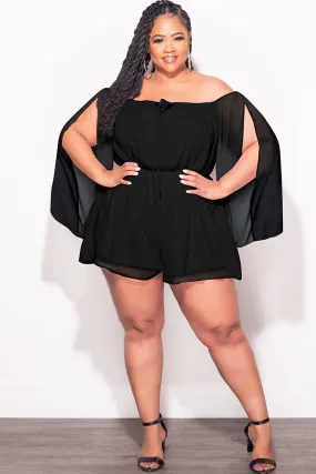 Final Sale Plus Size Off the Shoulder Chiffon Romper with Slit Sleeves in Black Light and Cozy Perfect Silhouette