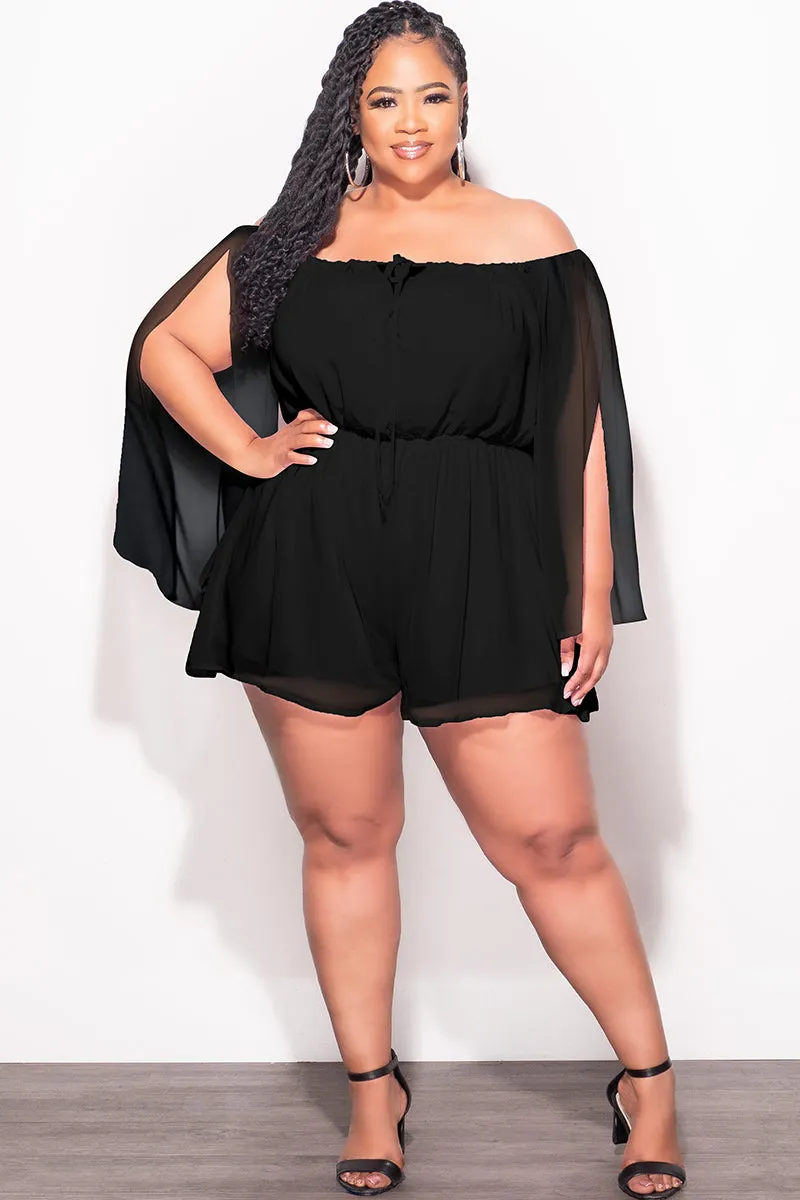 Mesh Comfort UV Protection Final Sale Plus Size Off the Shoulder Chiffon Romper with Slit Sleeves in Black