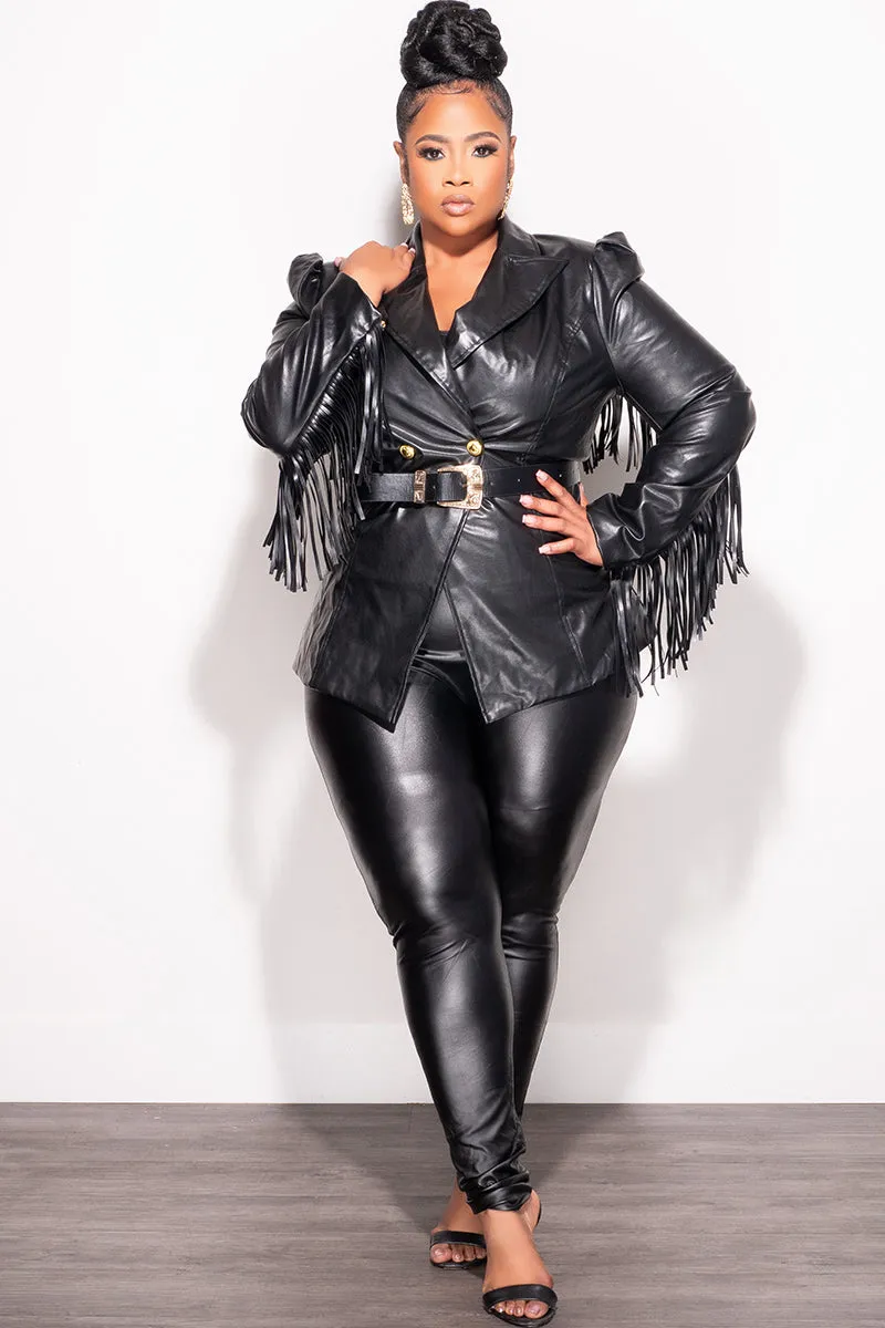 Final Sale Plus Size Faux Leather Belted Blazer with Fringe Sleeves in Black Easy Care Flexible Performance Wear