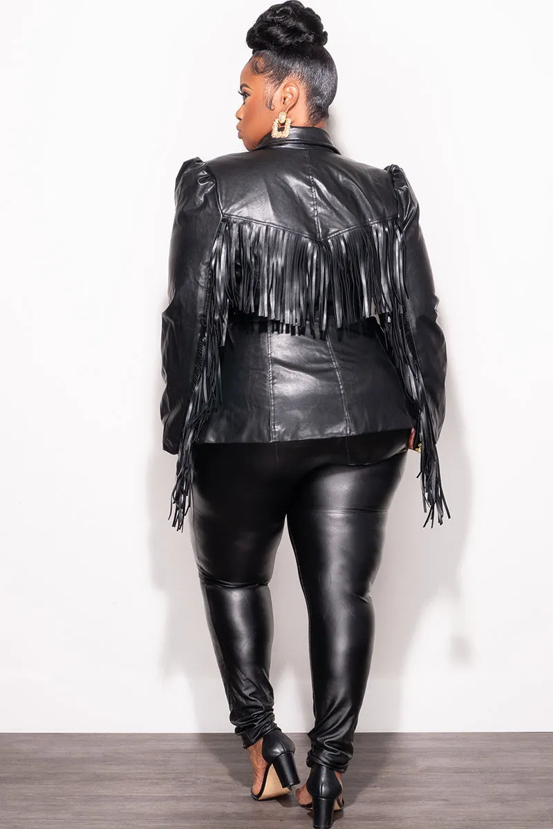 Functional fashion wear Final Sale Plus Size Faux Leather Belted Blazer with Fringe Sleeves in Black