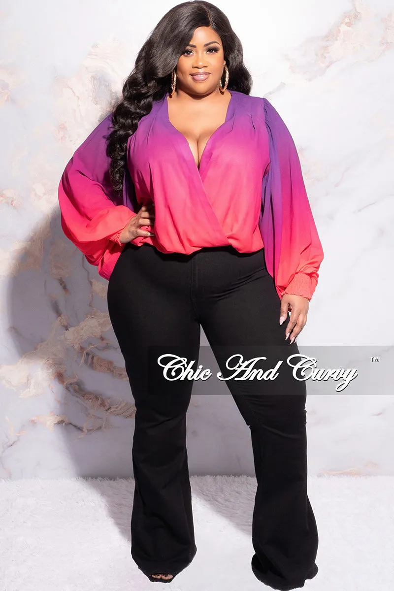 Final Sale Plus Size Chiffon Faux Wrap Blouse in Purple and Fuchsia Quick Wash Smart Fit