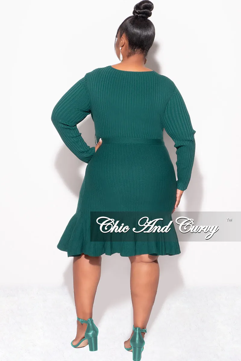 Final Sale Plus Size Faux Wrap Ribbed BodyCon Dress with Waist Tie and Bottom Ruffle in Green Practical Style Modern Waist