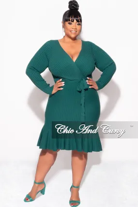 Comfy Ease Travel Friendly Final Sale Plus Size Faux Wrap Ribbed BodyCon Dress with Waist Tie and Bottom Ruffle in Green