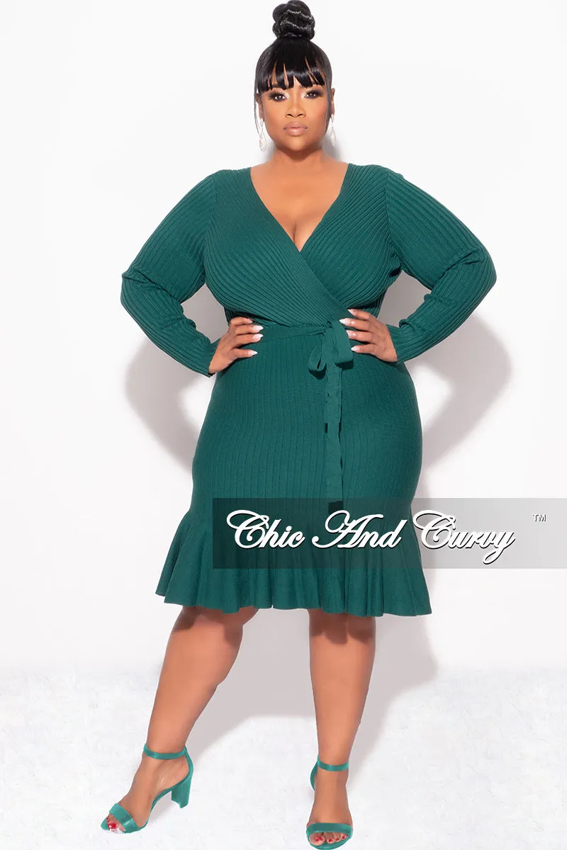 All Season Versatility Final Sale Plus Size Faux Wrap Ribbed BodyCon Dress with Waist Tie and Bottom Ruffle in Green