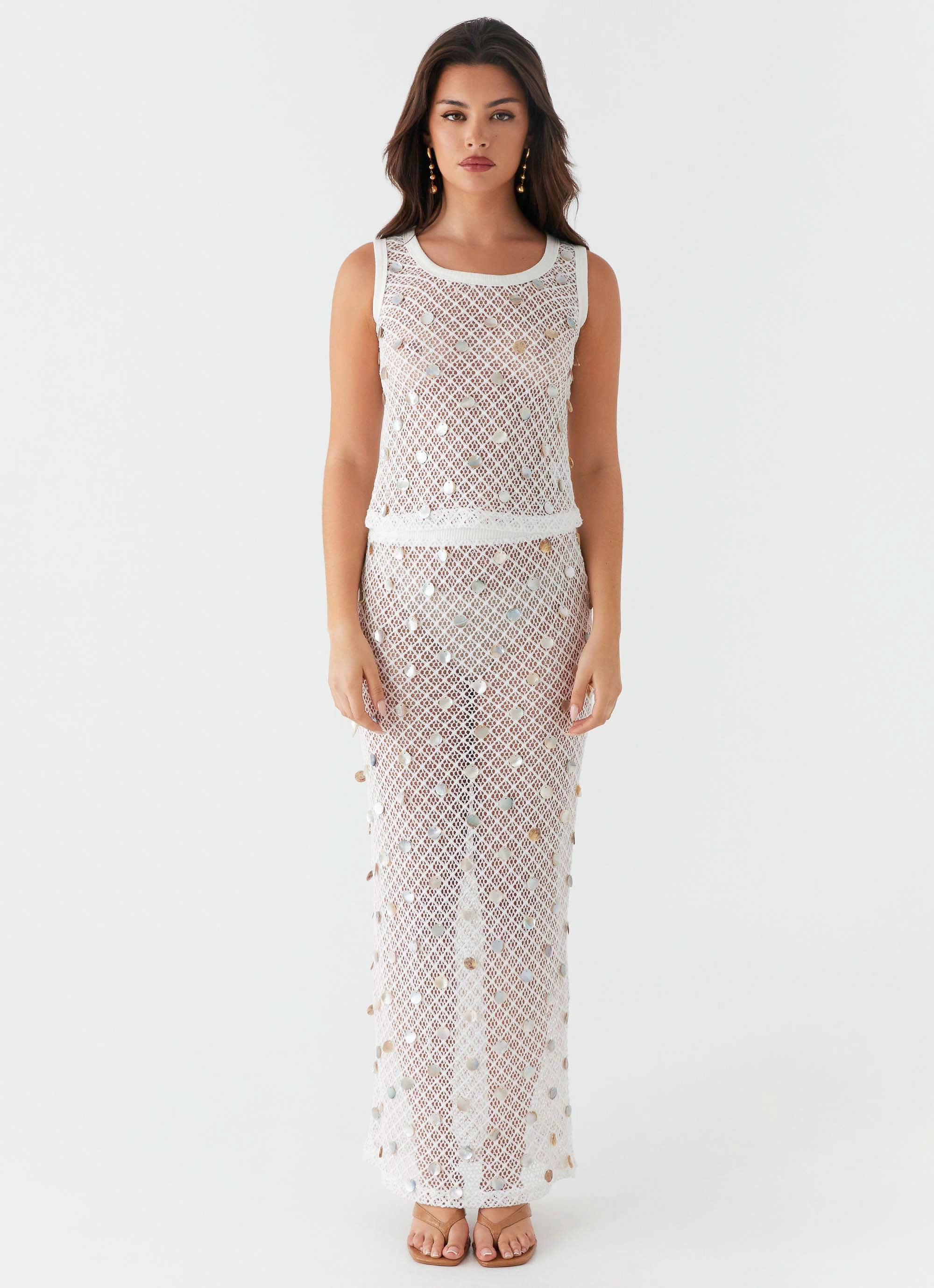 Lovina Shell Knit Maxi Skirt - White Buckle-Adjustment