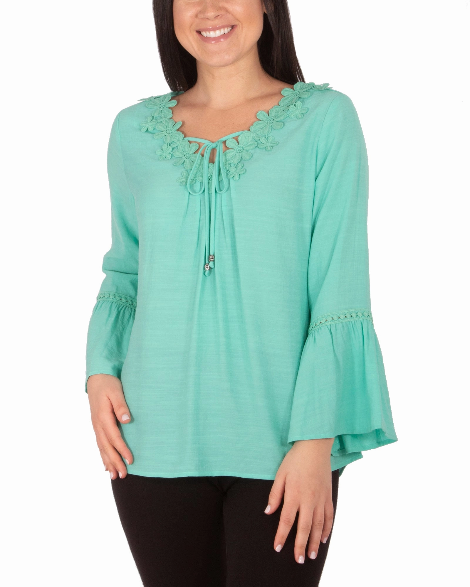 Antibacterial Fabric 3/4 Sleeve V Neck Blouse With Crochet Trim And Tie