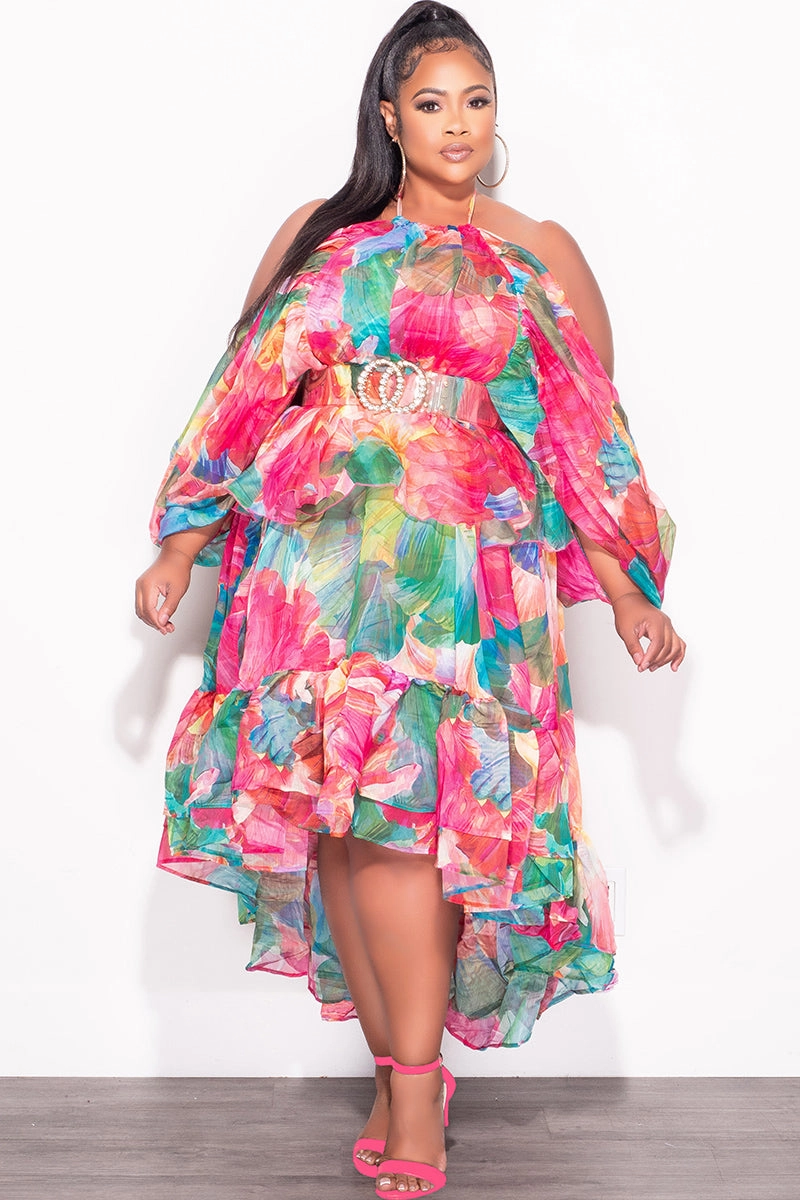 Cozy Waist Windproof coating Final Sale Plus Size 2pc Chiffon Cold Shoulder 2pc Set with Ruffle Skirt Set in Fuchsia Print