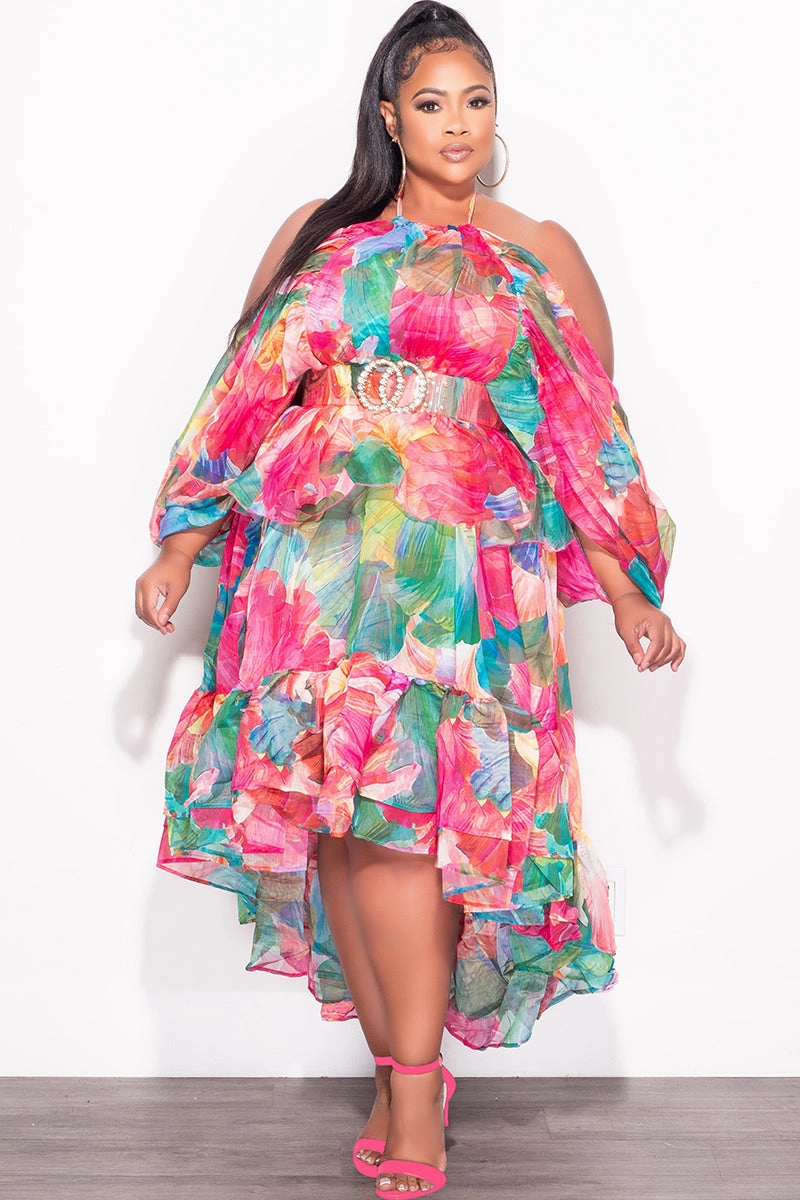 Final Sale Plus Size 2pc Chiffon Cold Shoulder 2pc Set with Ruffle Skirt Set in Fuchsia Print Quick Flex Flexible Waistband