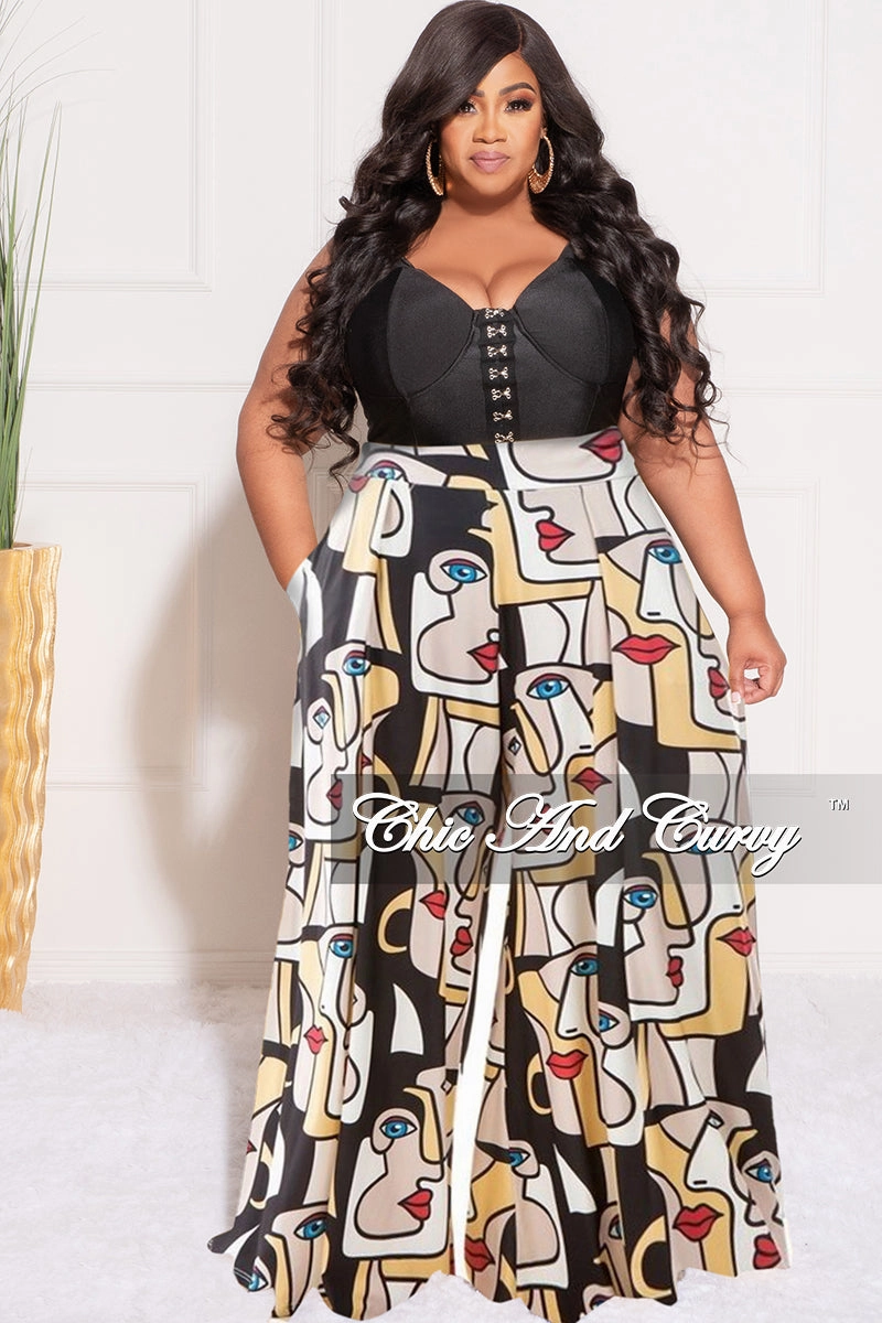 Final Sale Plus Size Palazzo Pants in Black Art Illustration Print Fashionable Cut Abrasion Proof Reinforcements