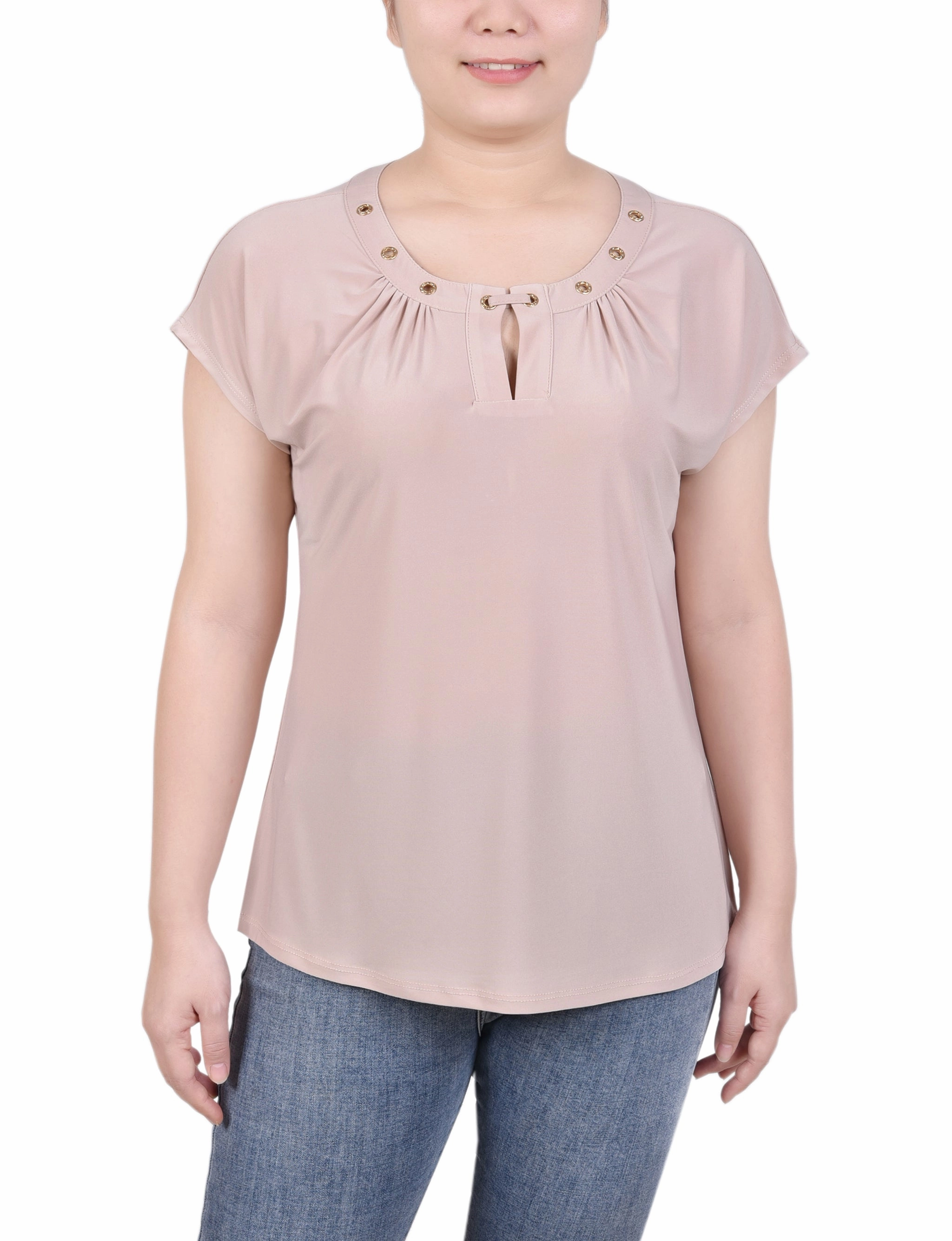 Short Extended-Sleeve Grommet Neck Knit Top AdaptiveFitFabric