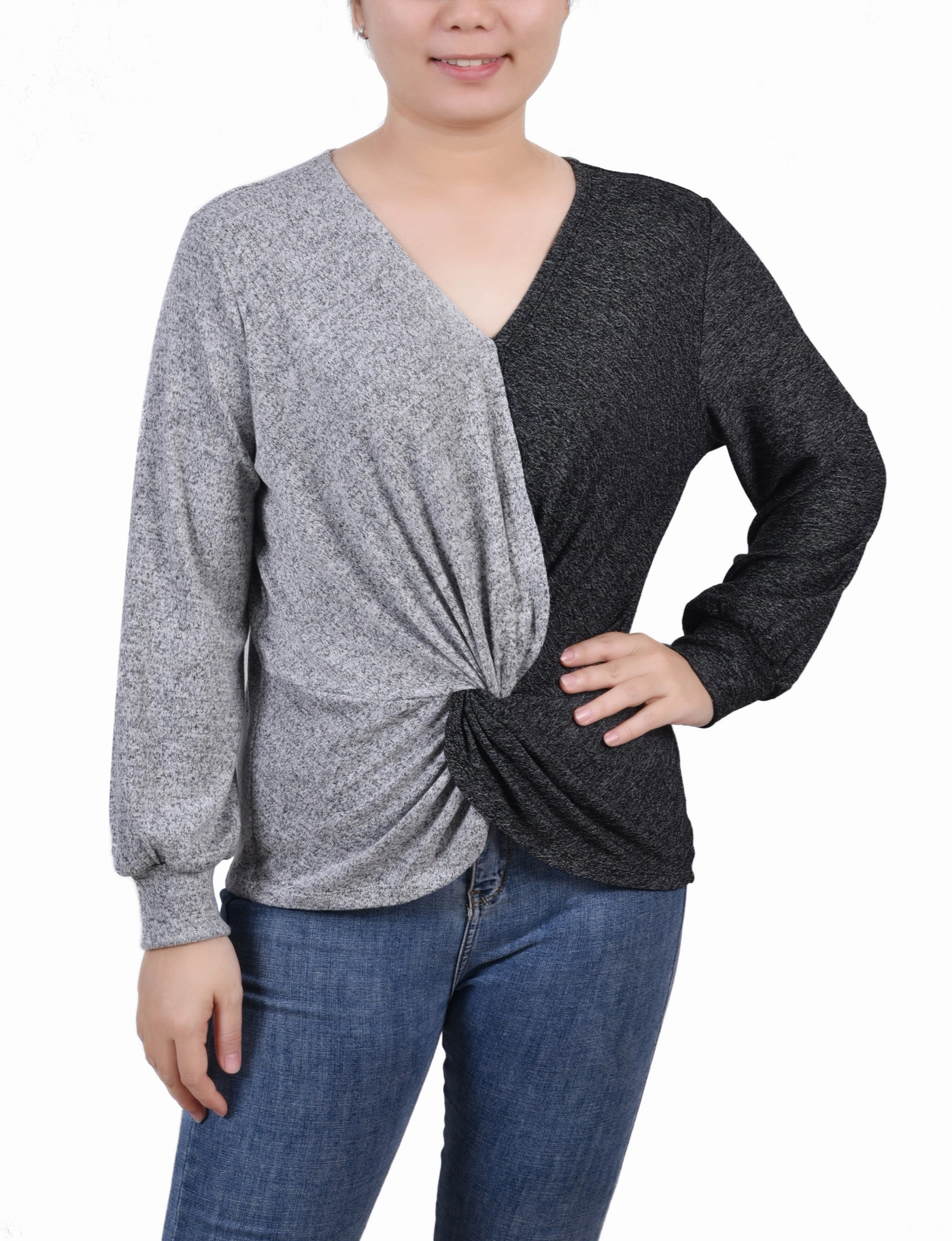 Petite Long Sleeve Twist Front Colorblocked Top ButtonFront RibbedTrim