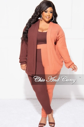 Low Bulk Final Sale Plus Size 2pc Ribbed Cardigan Top and Pants Set in Brown and Orange ColorBlock