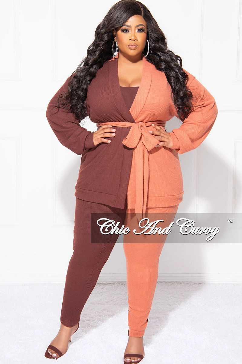 Comfort Control Final Sale Plus Size 2pc Ribbed Cardigan Top and Pants Set in Brown and Orange ColorBlock