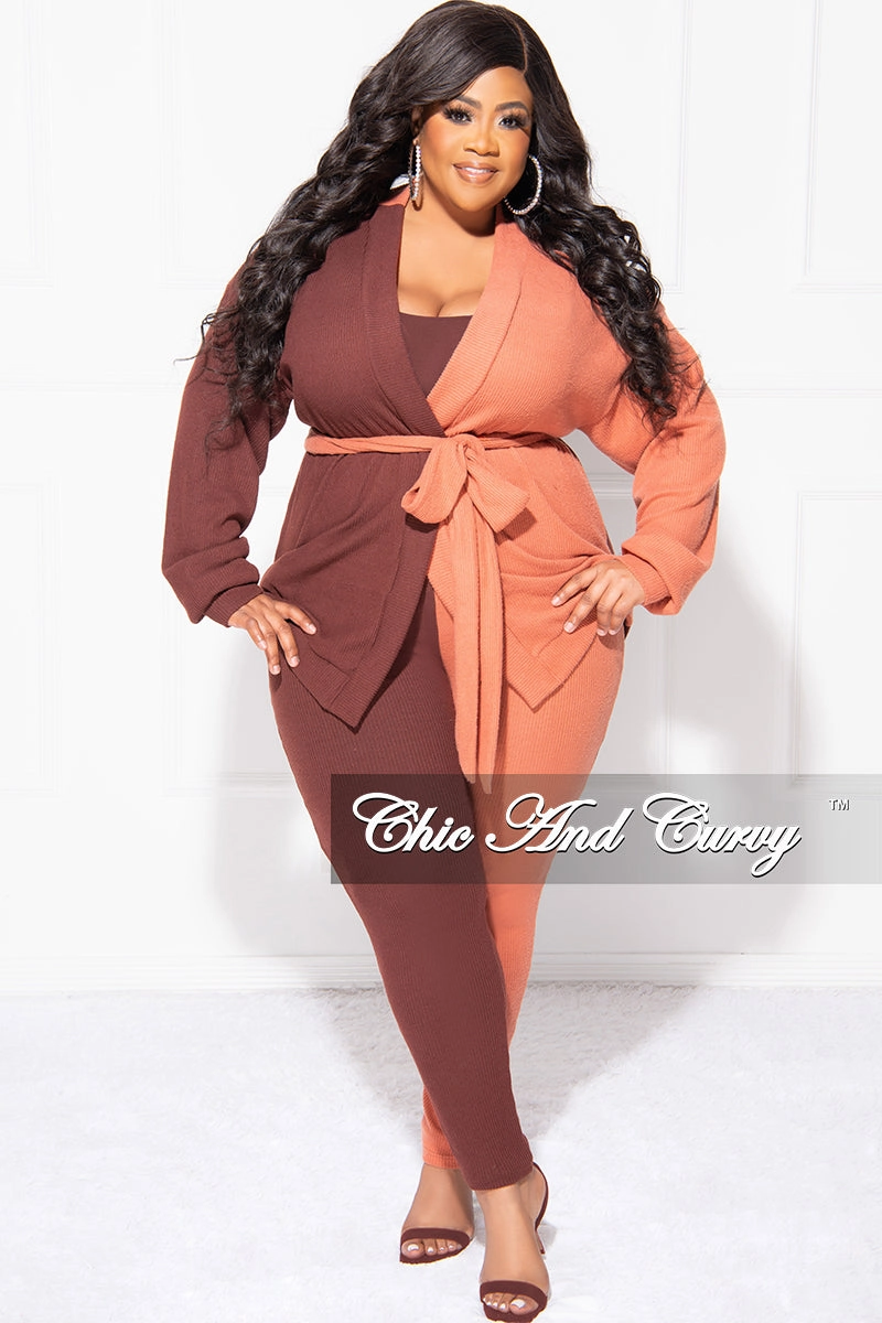 Final Sale Plus Size 2pc Ribbed Cardigan Top and Pants Set in Brown and Orange ColorBlock Quick Wash