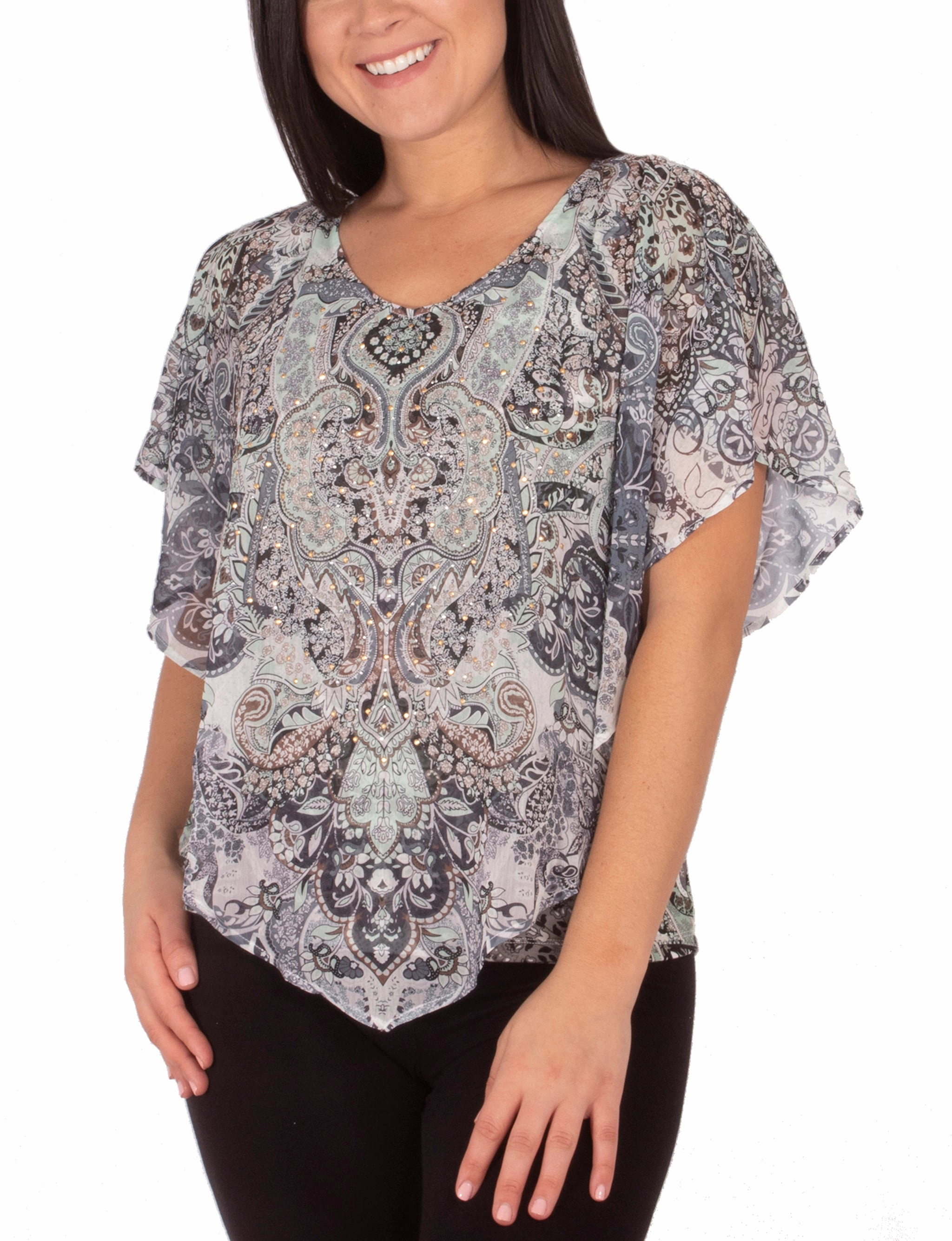 MultiLayer Stitching Street Style V-Neck Printed Poncho With Nailhead Details