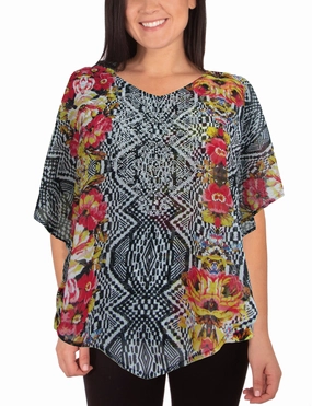 Stretchable Waistband NoSlipSurface V-Neck Printed Poncho With Nailhead Details