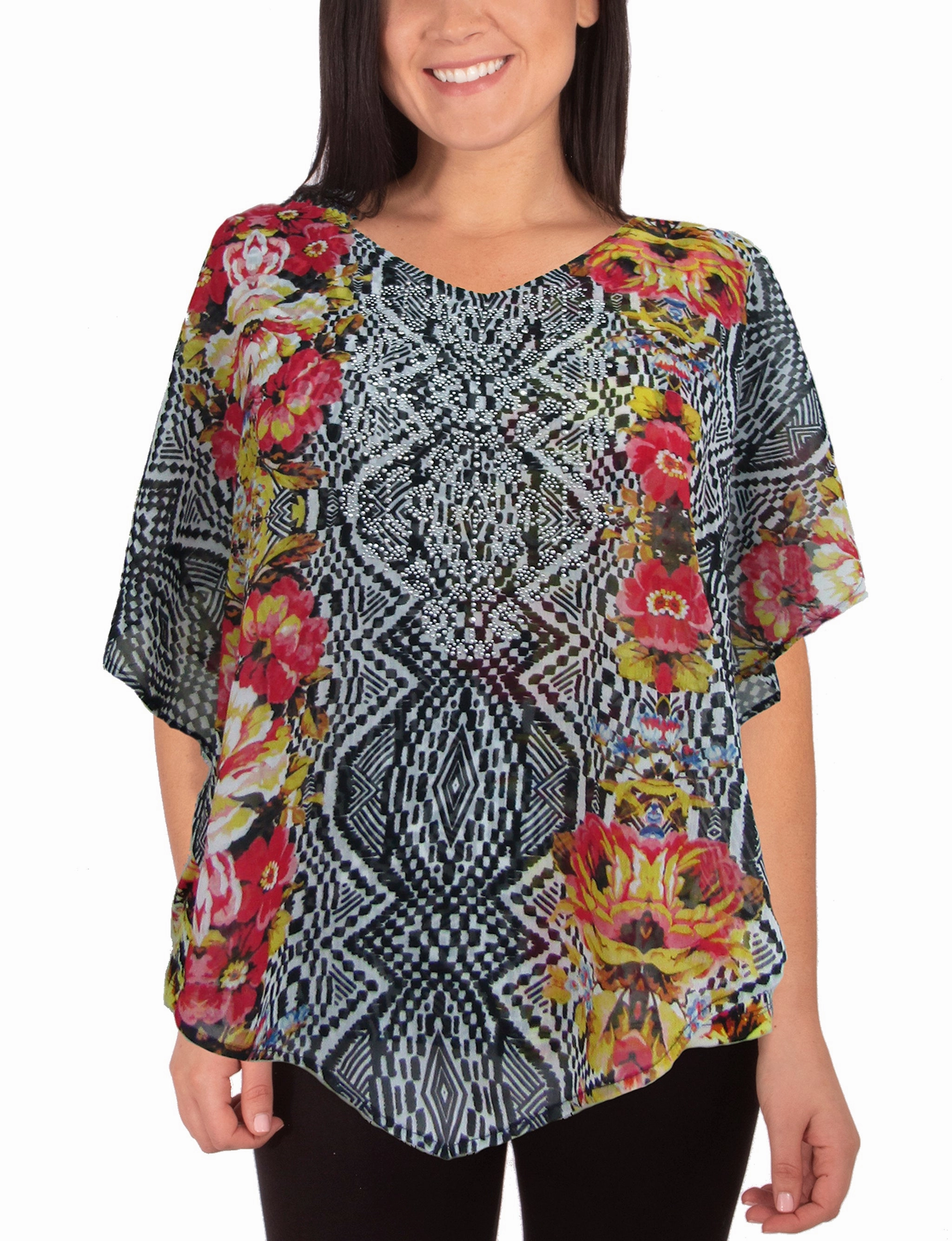 V-Neck Printed Poncho With Nailhead Details Bonded Seam Tape