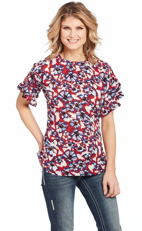 Soft Touch Fabric Cowgirl Up Womens Multi-Color Polyester Floral Blouse S/S
