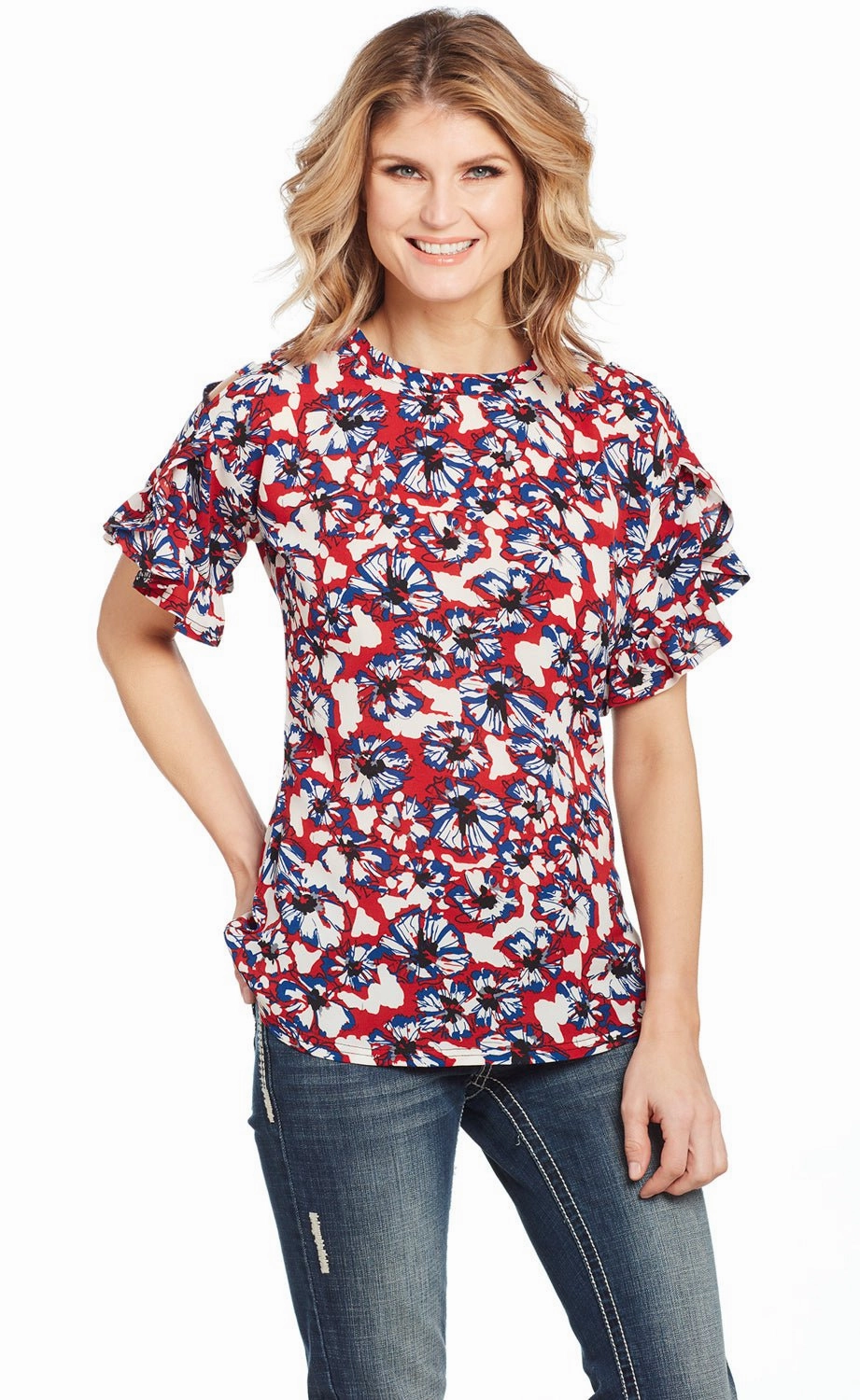 Cowgirl Up Womens Multi-Color Polyester Floral Blouse S/S Minimalist Closure