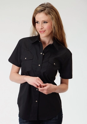 Roper Basics Ladies Black 100% Cotton Solid Poplin S/S Shirt Sleeveless Cut Spring Break