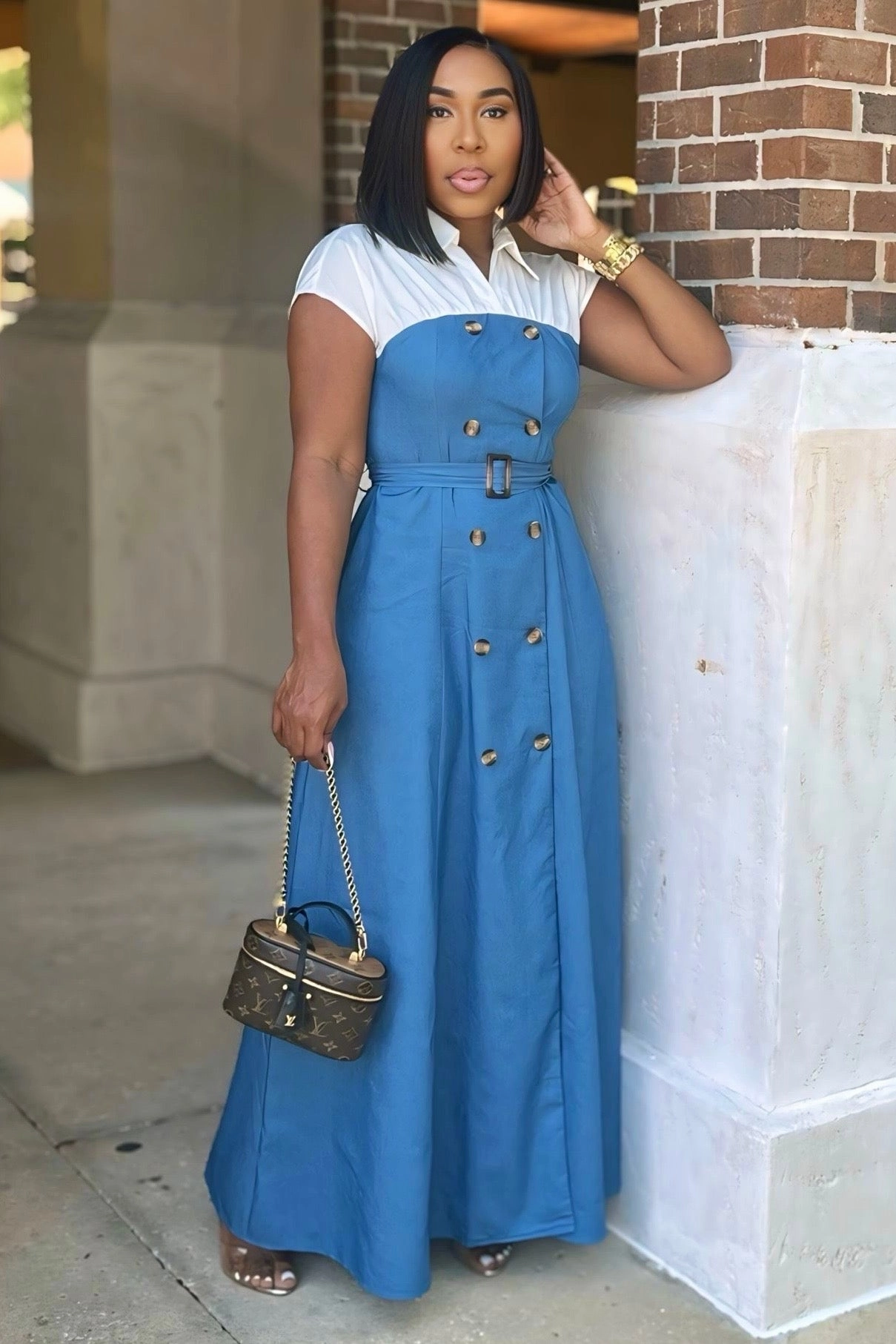 Floral-Pattern Cute Touch Vaughn Power Play Denim Maxi Dress