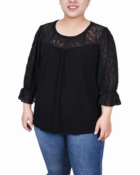 Plus Size 3/4 Sleeve Crepe Top With Embroidered Mesh Yoke And Sleeves Taped Neckline