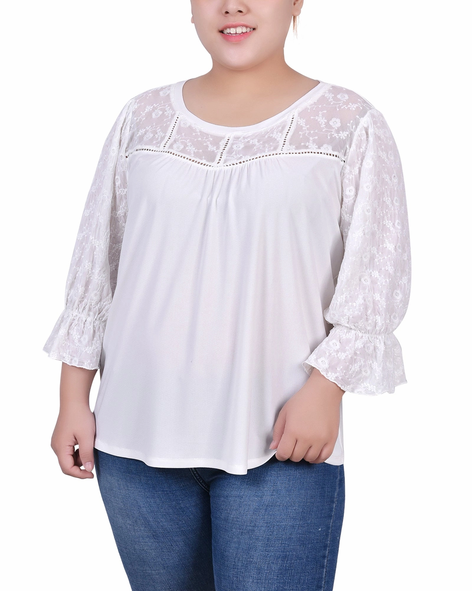Plus Size 3/4 Sleeve Crepe Top With Embroidered Mesh Yoke And Sleeves PreShrunkFabric Double Stitched Hem
