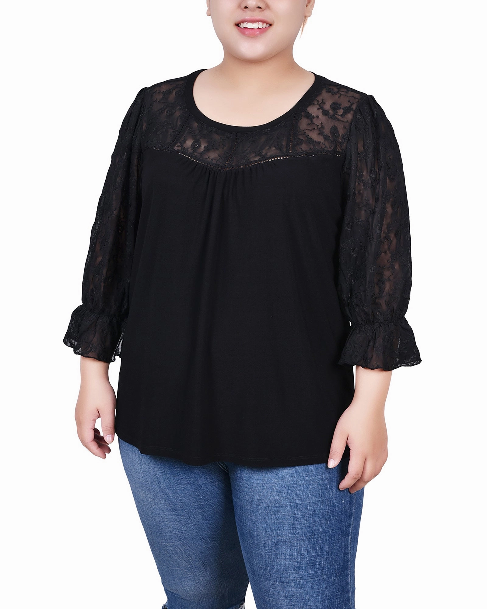 Plus Size 3/4 Sleeve Crepe Top With Embroidered Mesh Yoke And Sleeves Minimalist Silhouette Cut