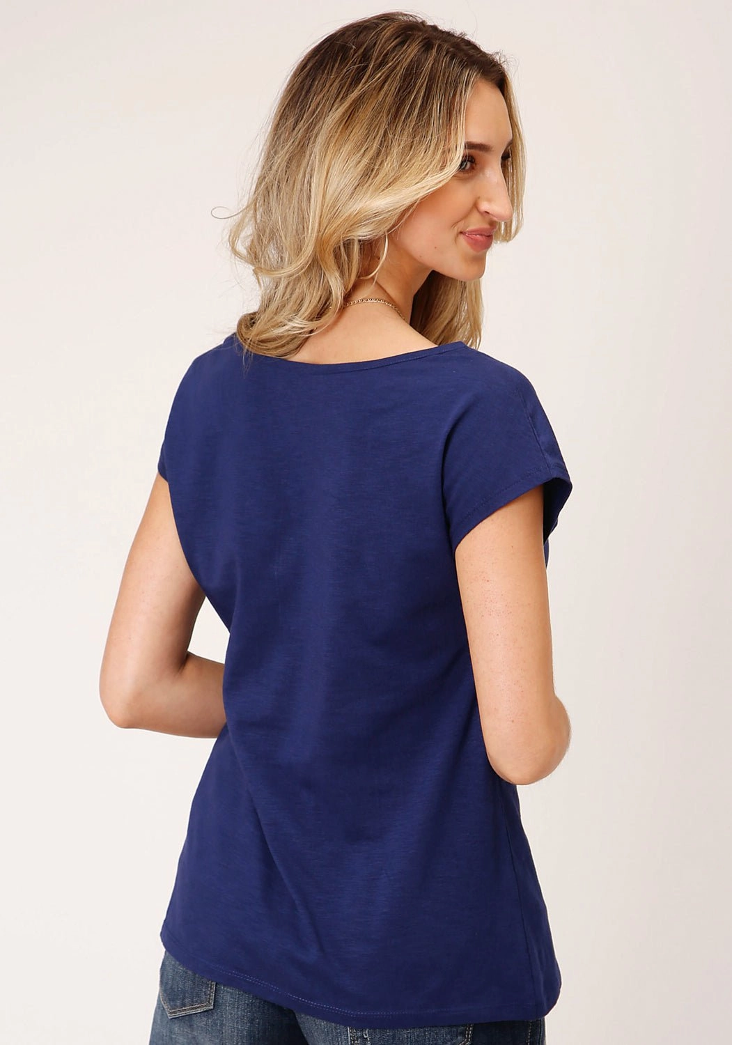 Roper Womens Aztec Pocket Blue 100% Cotton S/S T-Shirt Ruffle Edge Subtle Print