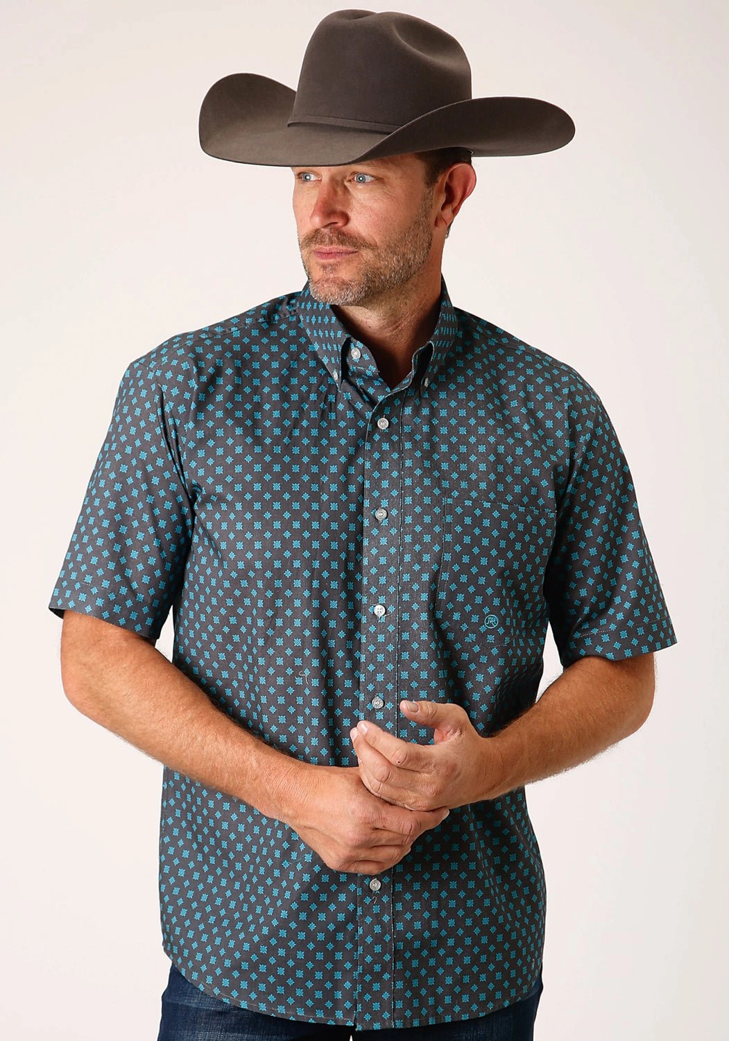 Roper Mens Grey 100% Cotton Cottage Foulard BD S/S 1 Pkt Shirt Wrinkle-Resistant Stylish Detail