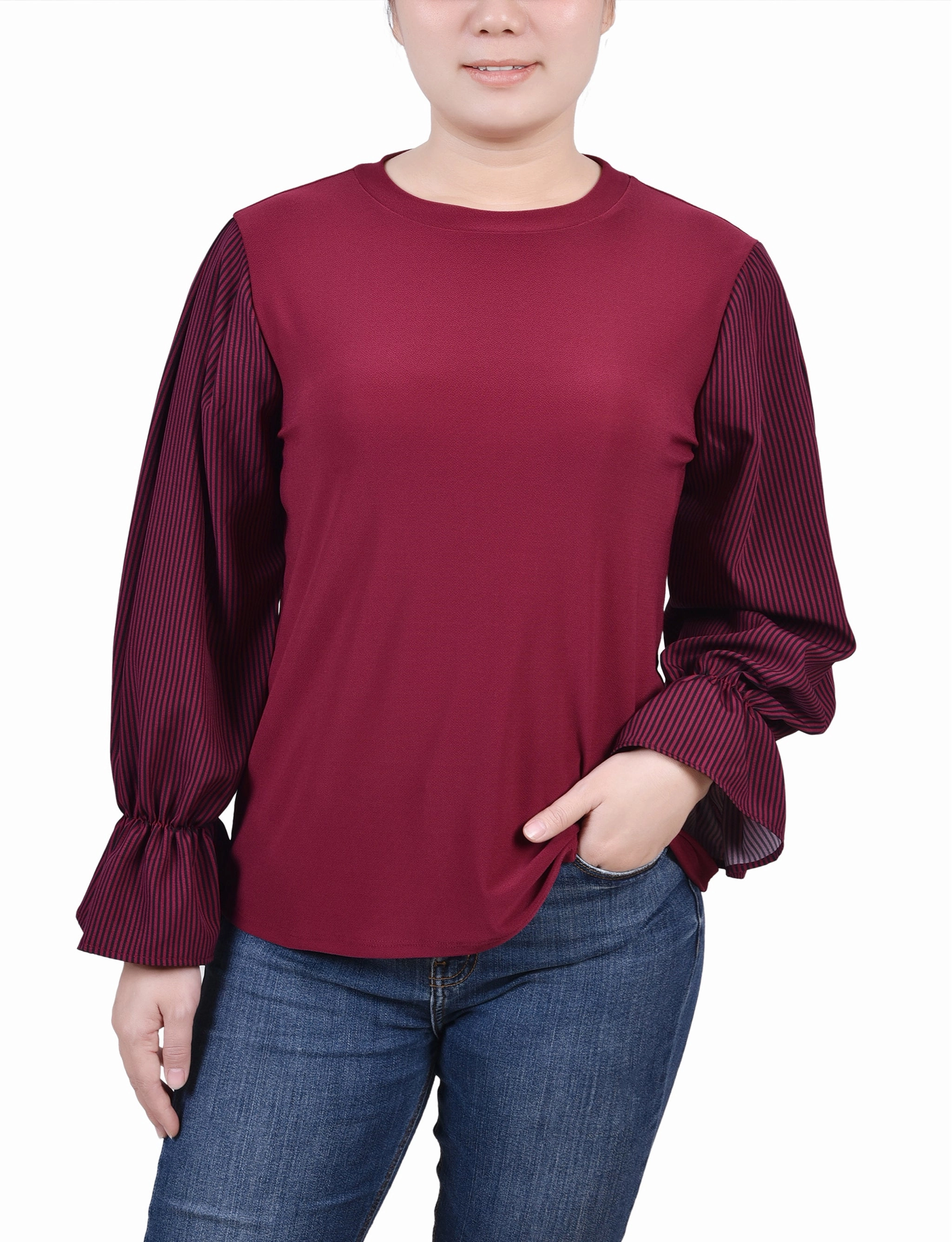 Minimalist Detailing Petite Long Sleeve Top With Printed Sleeves