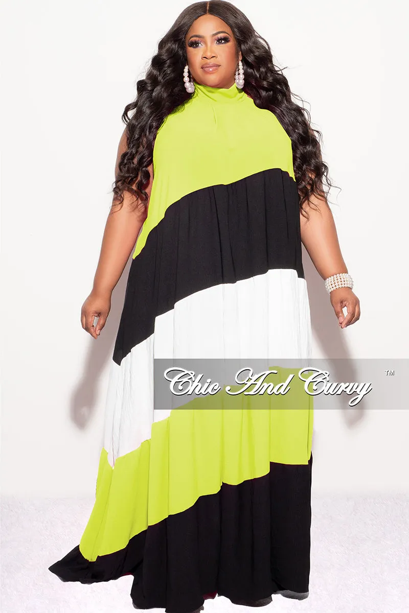 Anti Snag Fabric No Gap Waist Final Sale Plus Size Halter Maxi Dress In Lime Black and White