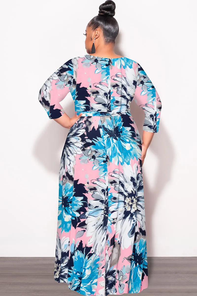 Final Sale Plus Size Faux Wrap Dress in Blue Floral Print Sleek Cut Casual Fit