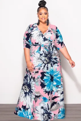 Simple Cut Tear Resistant Fabric Final Sale Plus Size Faux Wrap Dress in Blue Floral Print