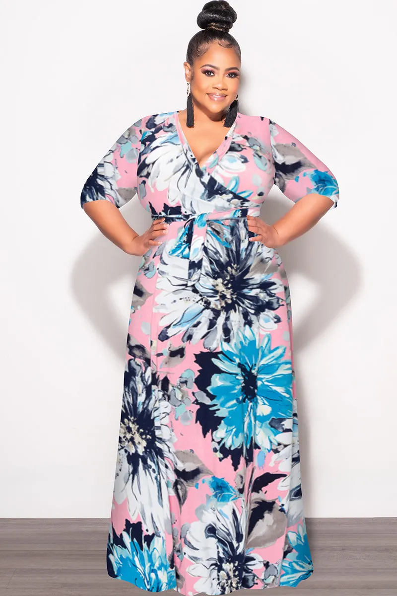 Final Sale Plus Size Faux Wrap Dress in Blue Floral Print Urban Edge Slim Stretch