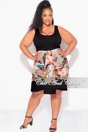 hypoallergenic Trendy Waist Final Sale Plus Size Ruched Skirt with Fringe Bottom in Black Multi Color Print