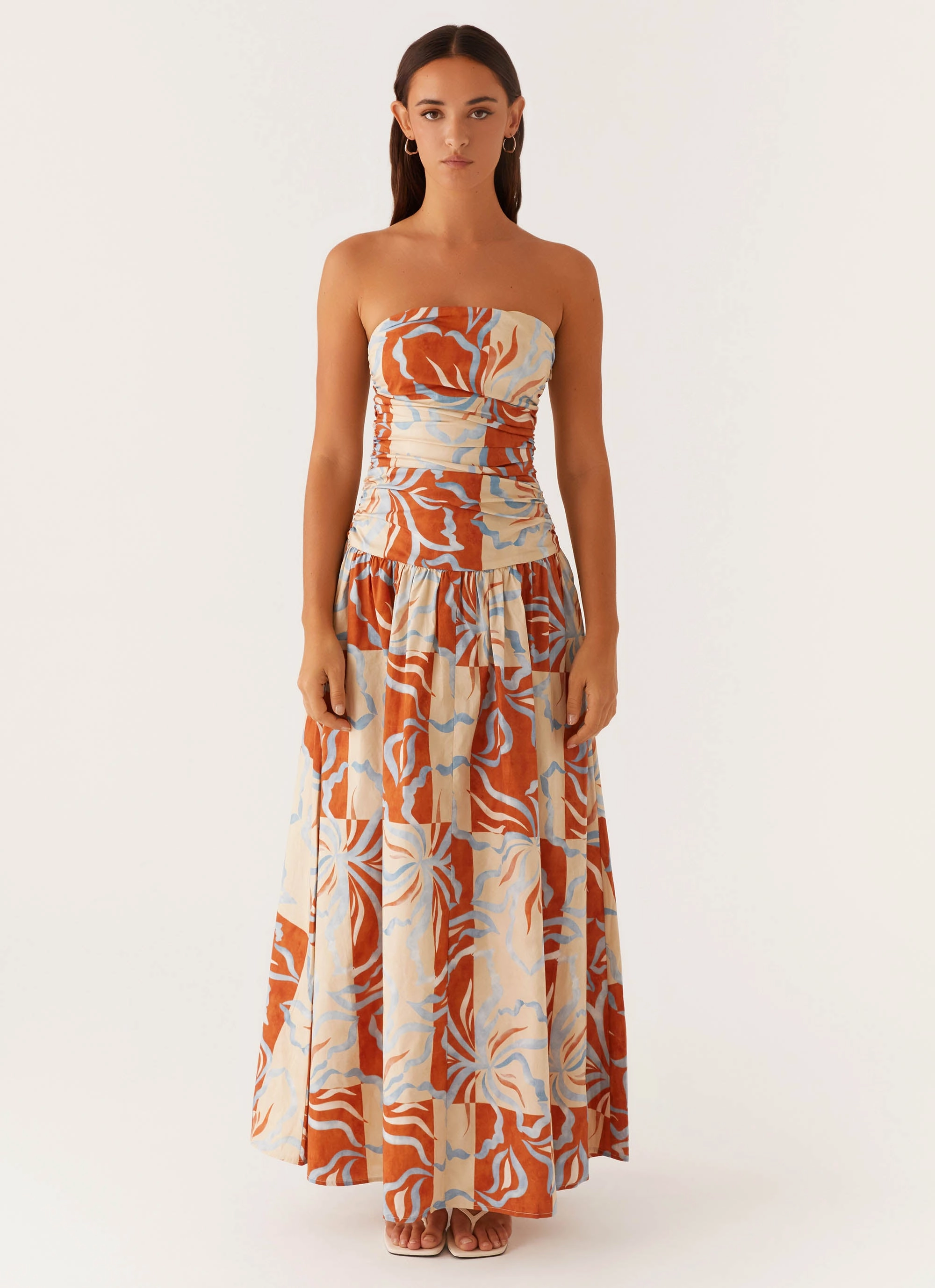 Carmel Maxi Dress - Orange Blue Floral Airy Weave
