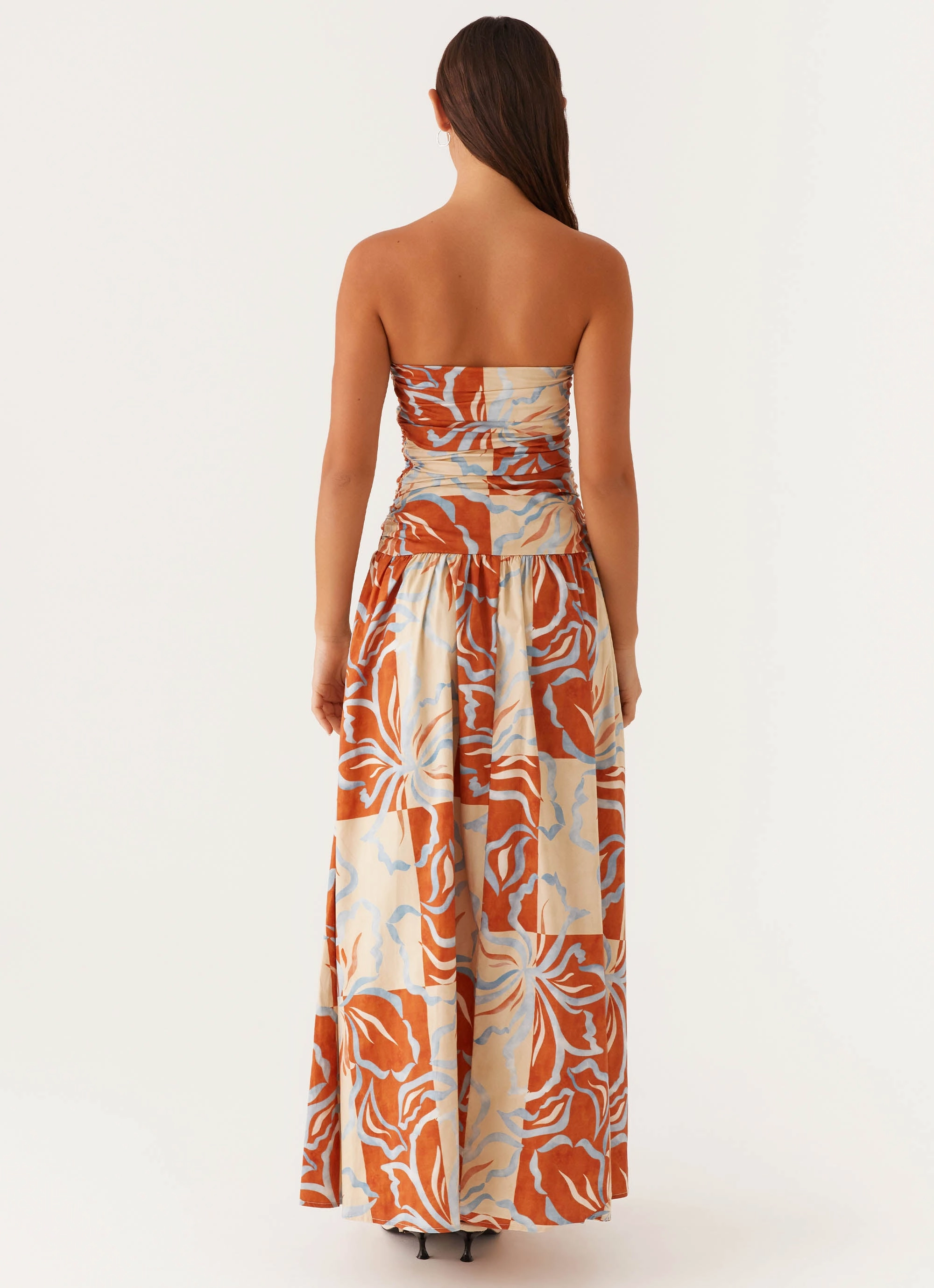 Sweetheart Cut Smart Wear Carmel Maxi Dress - Orange Blue Floral