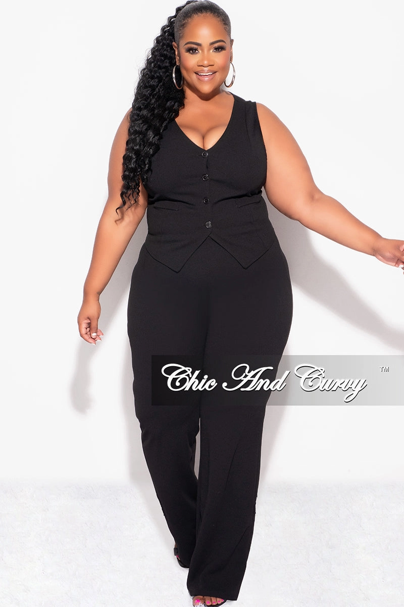 Final Sale Plus Size 2pc Sleeveless Blazer Vest and Pants Set in Black AdjustableWaistband
