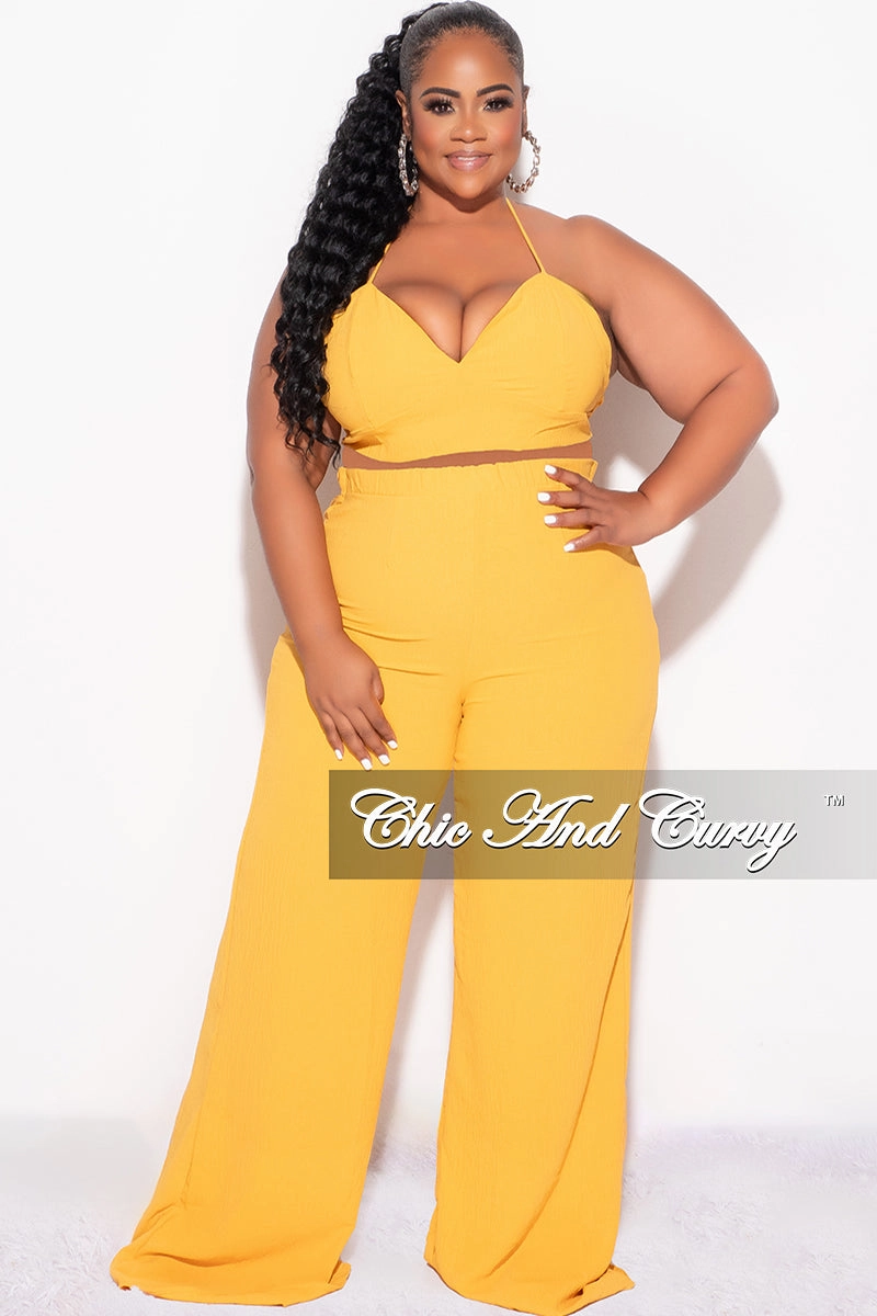 Final Sale Plus Size 3pc (Duster, Crop Self Tie Top & Pants) Set in Mustard hypoallergenic material