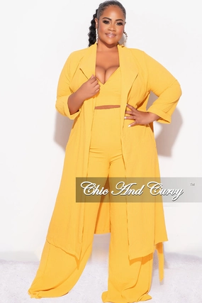 NonSlipGrip Layering Essential Final Sale Plus Size 3pc (Duster, Crop Self Tie Top & Pants) Set in Mustard
