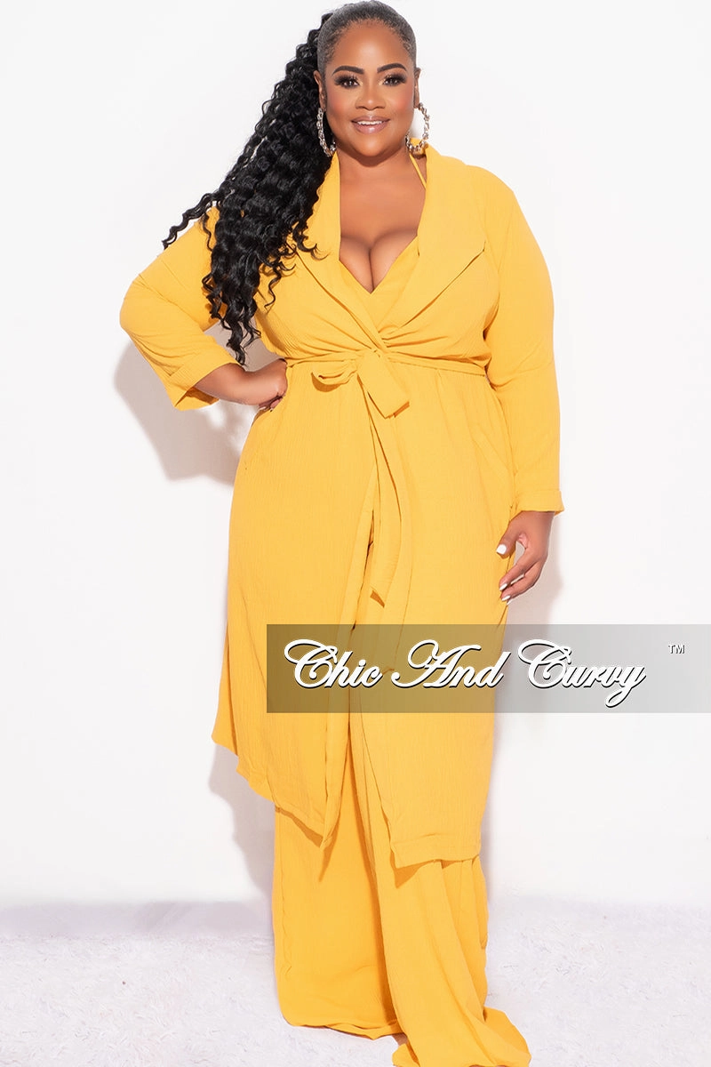 Final Sale Plus Size 3pc (Duster, Crop Self Tie Top & Pants) Set in Mustard Comfy Movement Fit Casual Essentials