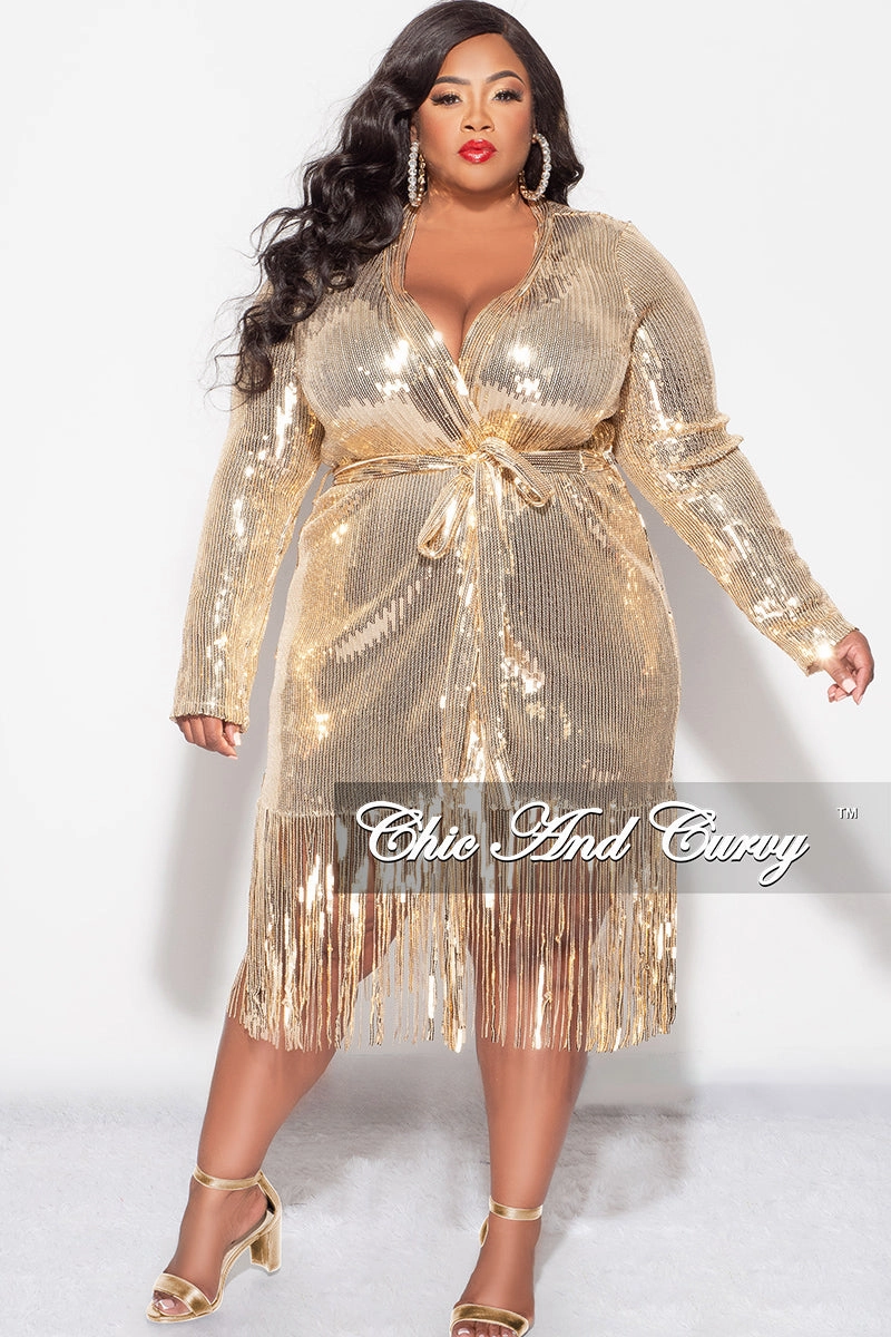 Final Sale Plus Size Faux Sequin Duster with Belt in Gold Odor Control Finish Layered Sleeve Construction