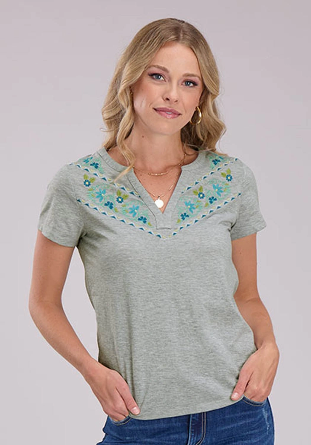 Seasonal Collection Morning Comfort Roper Womens Banded Collar Embroidery Grey Poly/Cotton S/S Tunic