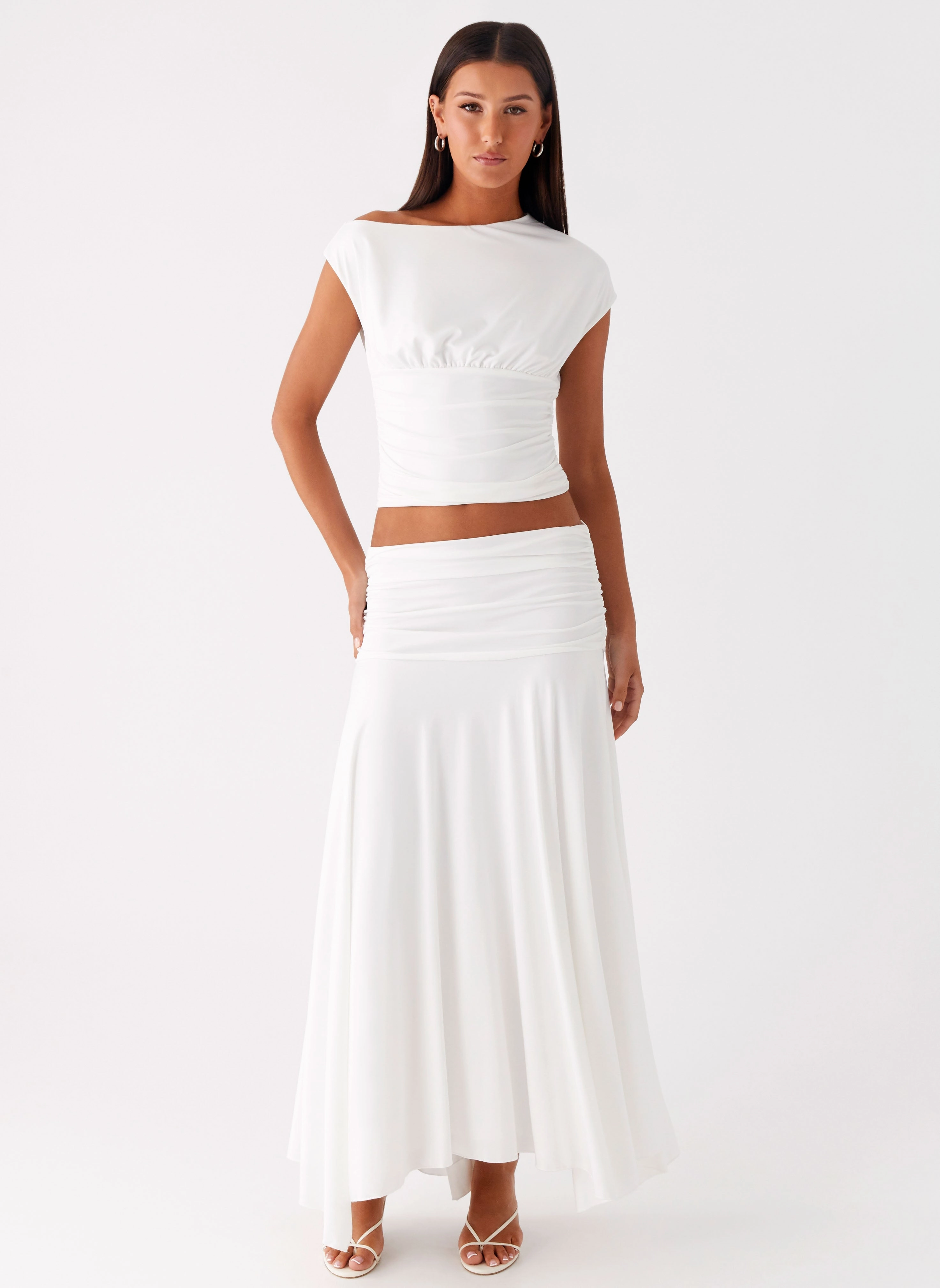 Liana Ruched Maxi Skirt - White Light Motion