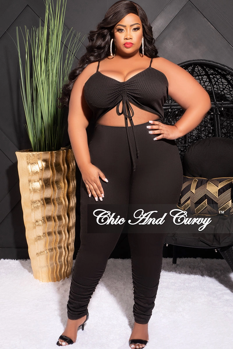 Final Sale Plus Size Ribbed Jumpsuit with Tummy Cutout in Black Cozy Lining